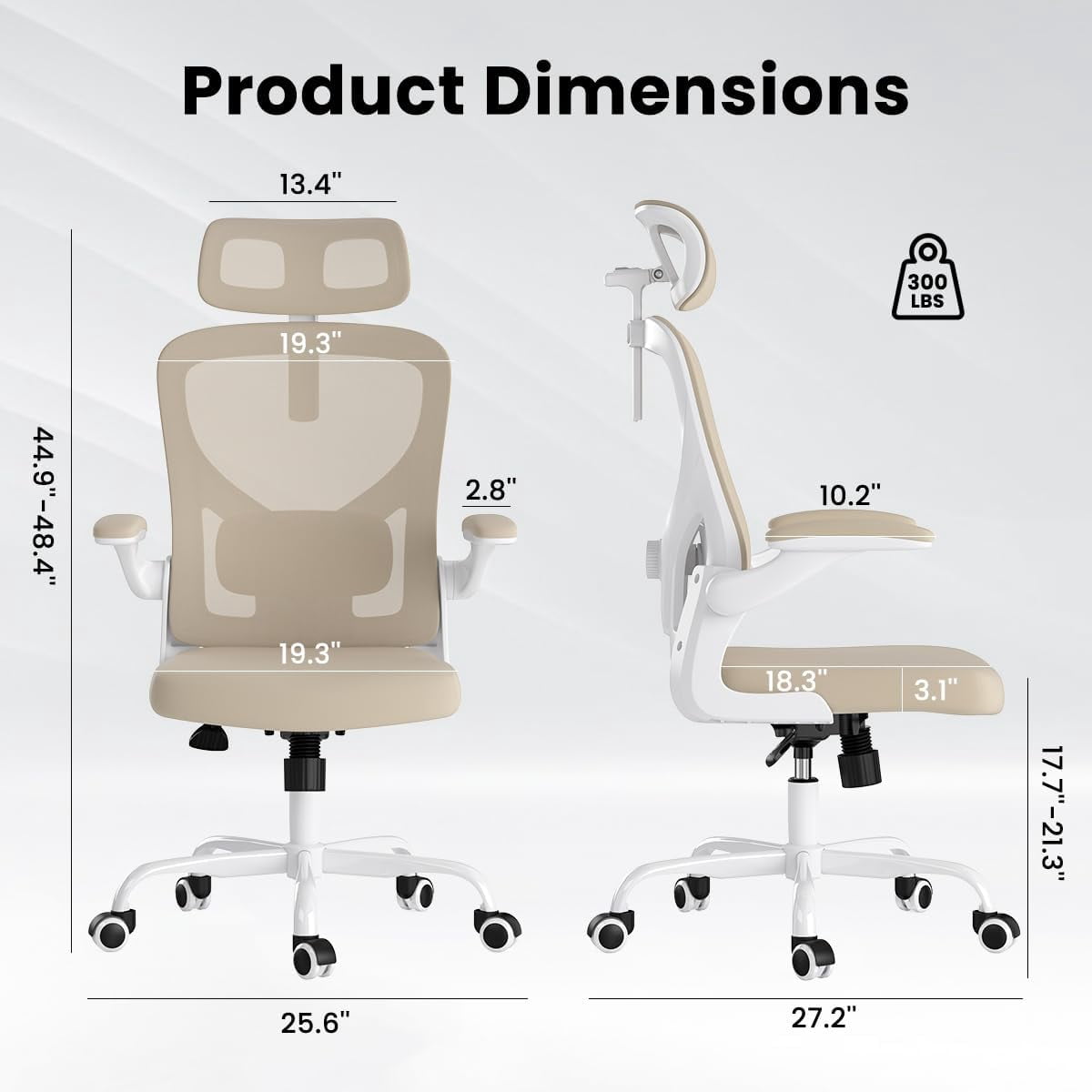 STARY Ergonomic Office Chair, Computer Chair with Adjustable Lumbar Support, Flip-up Arms and Headrest, Breathable Mesh Desk Chair for Home Office, White & KAKI