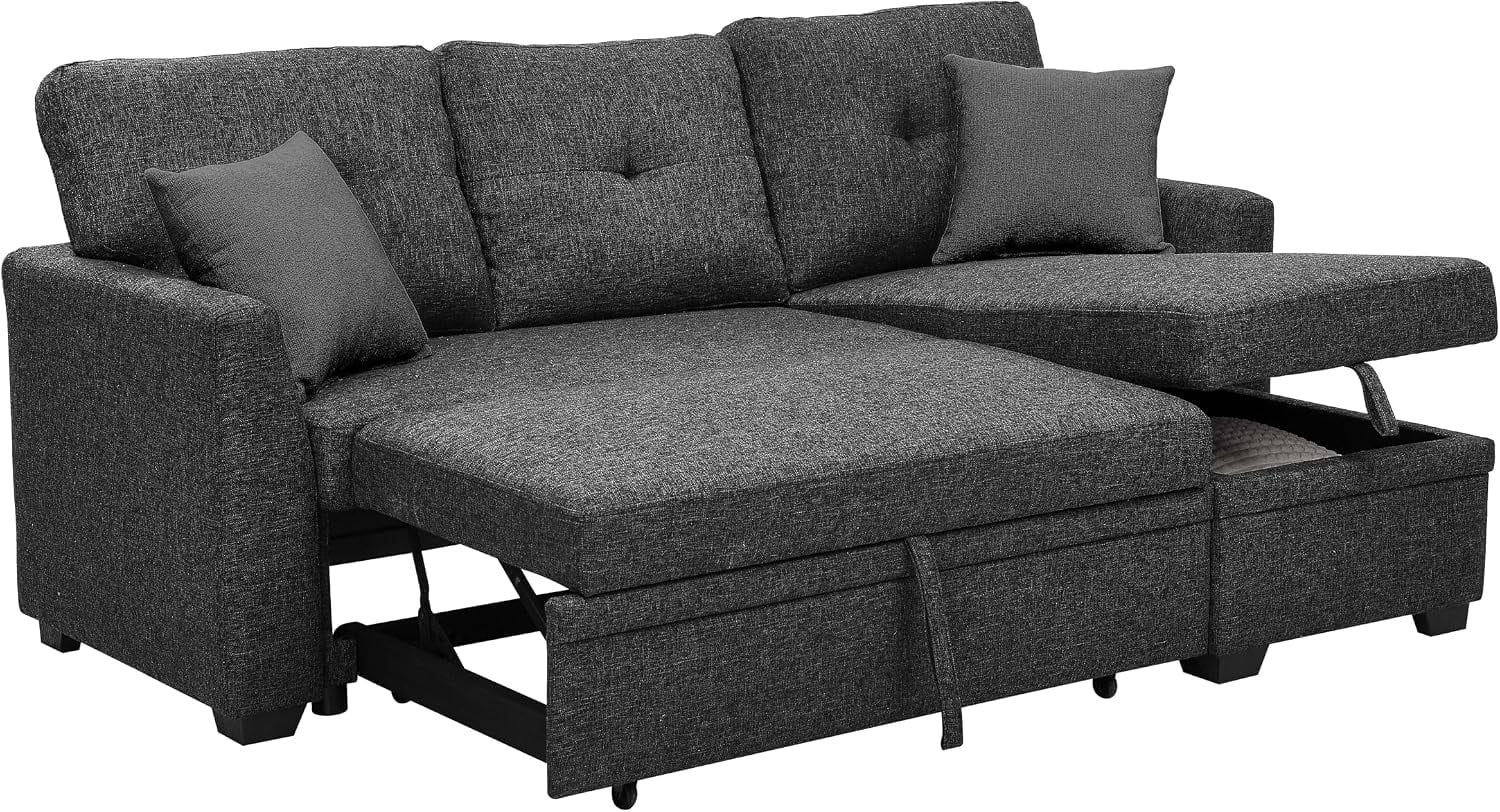 Convertible Sleeper Sofa Bed, 76.5" L Shaped Sectional Couch With Pull Out Bed Reversible Storage Chaise Compact Linen Sofa Small Space Apartment Living Room,Charcoal Black