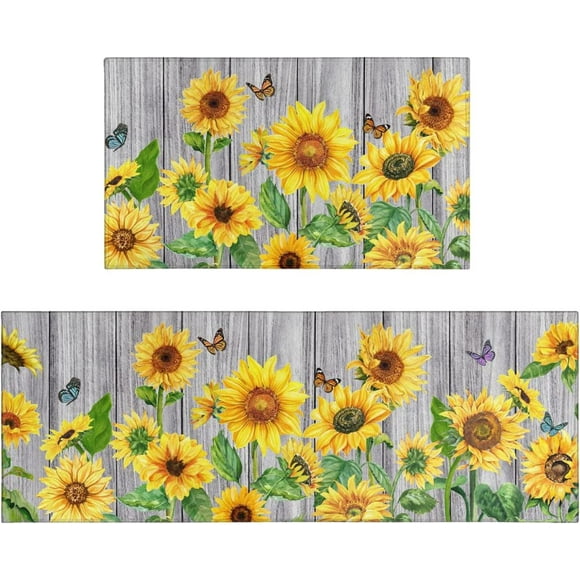 2 Pieces Sunflower Kitchen Rugs and Mats Sunflower on The Wooden Kitchen Decor Farmhouse Anti Fatigue Mat Non Skid Washable Standing Mat Kitchen Rugs17x30+17x47inch
