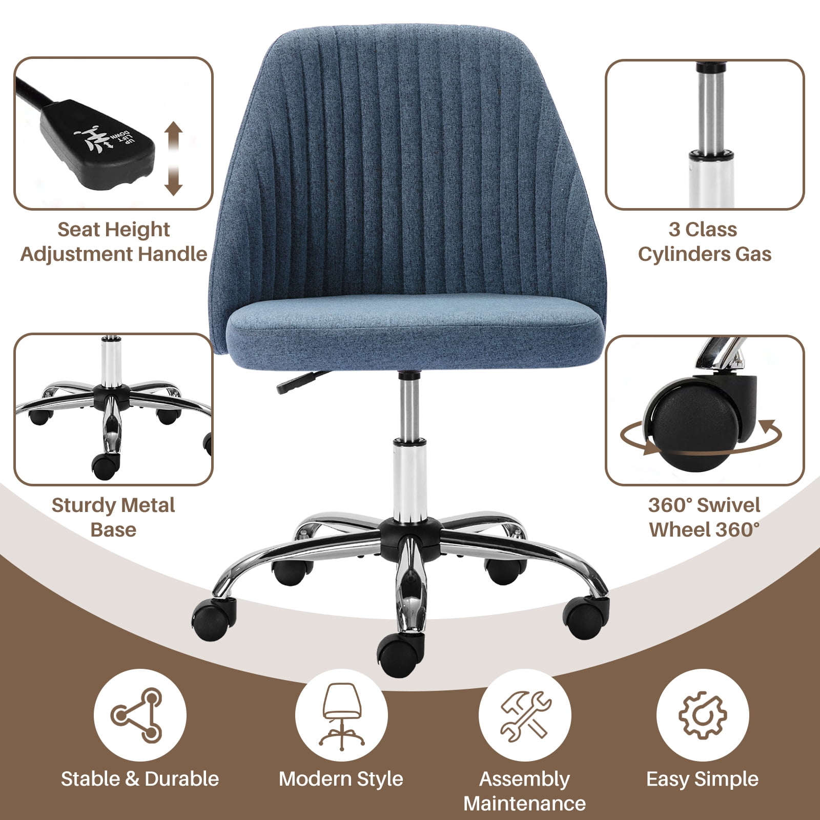 Colorful Linen Desk Chair, Comfy Thick Seat with Swivel Wheels, Armless Task Chair, Blue