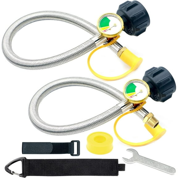 2 Packs RV Propane Hoses with Gauge, 18 Inch Stainless Steel Braided Camper Tank Hose,Rv lp Gas Hoses Connector for Standard Two-Stage Regulator, 40Lb 250PSI, 1/4" NPT /QCC1 Fittings