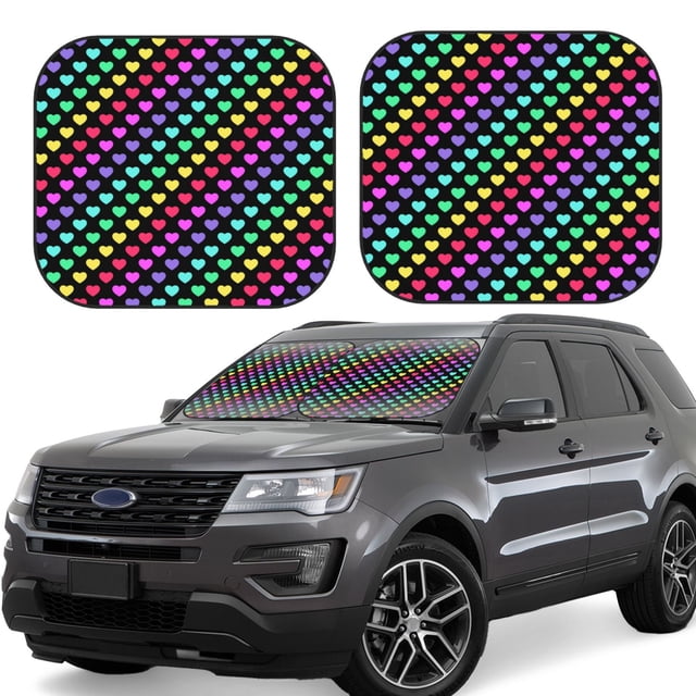 Fotbe Rainbow Hearts Juego de 2 Piezas de Parasoles para Parabrisas | Bloqueador Solar para Auto | Accesorios Plegables para Protección Solar Interior-Medium
