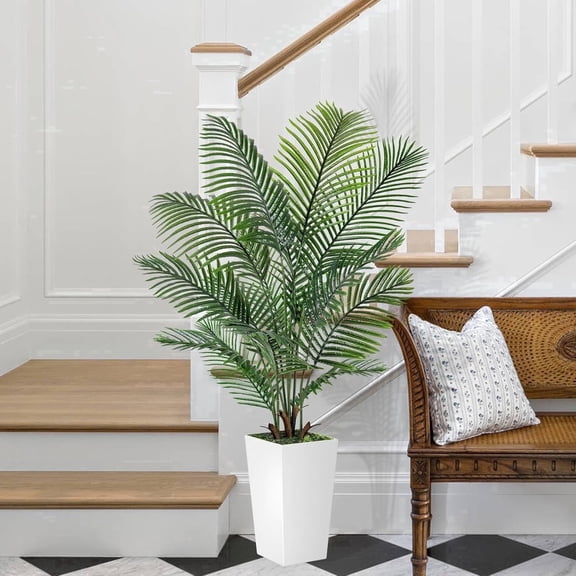 ROMSWI 5FT Artificial Palm Tree with White Planter, Lifelike Golden Cane Palm Tree, Tropical Fake Tree for Outdoor Indoor Decor