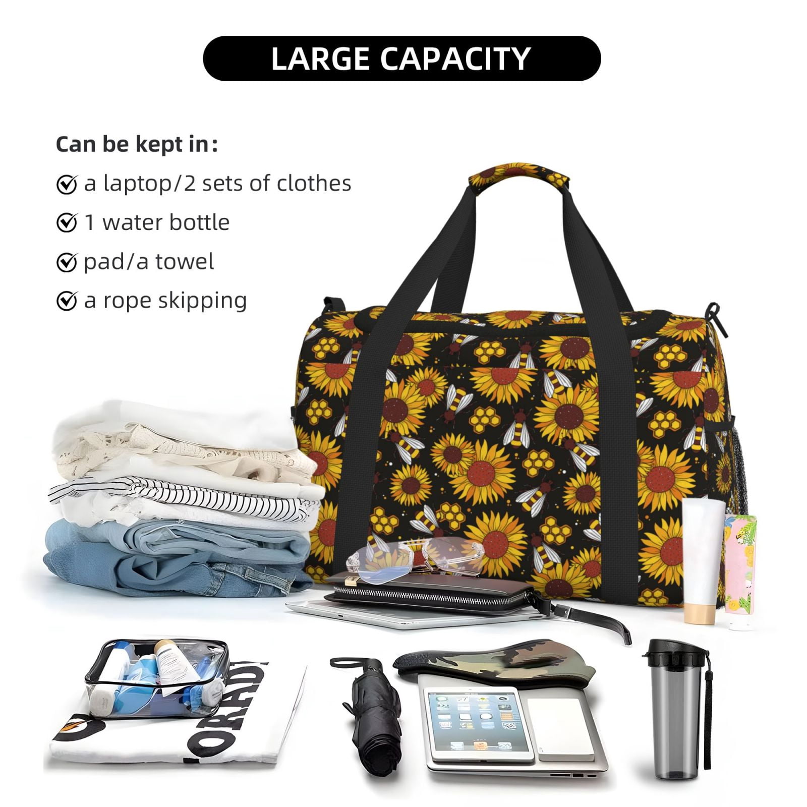 Fuzoiu Sunflowers And Bww Print Travel Duffle Bag,Carry On Tote Bags,Duffel Bag,Sport Gym Bag, Hospital Bag for Labor and Delivery, Overnight Bag,Luggage Bag