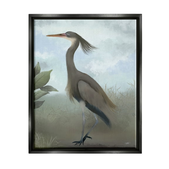 Stupell Industries Grey Heron Painting Animals & Insects Painting Black Floater Framed Canvas Art Print Wall Art, 17 x 21