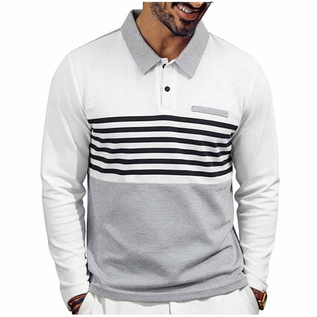 Wrtxtat Waffle Knit Golf Shirts for Men Long Sleeve 2- Button Collared Baseball T Shirts Fashion Striped Colorblock Summer Business Casual Shirts White XXXL