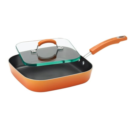 Rachael Ray Porcelain Aluminum Nonstick 11-Inch Square Deep Griddle and Glass Press, Orange Gradient