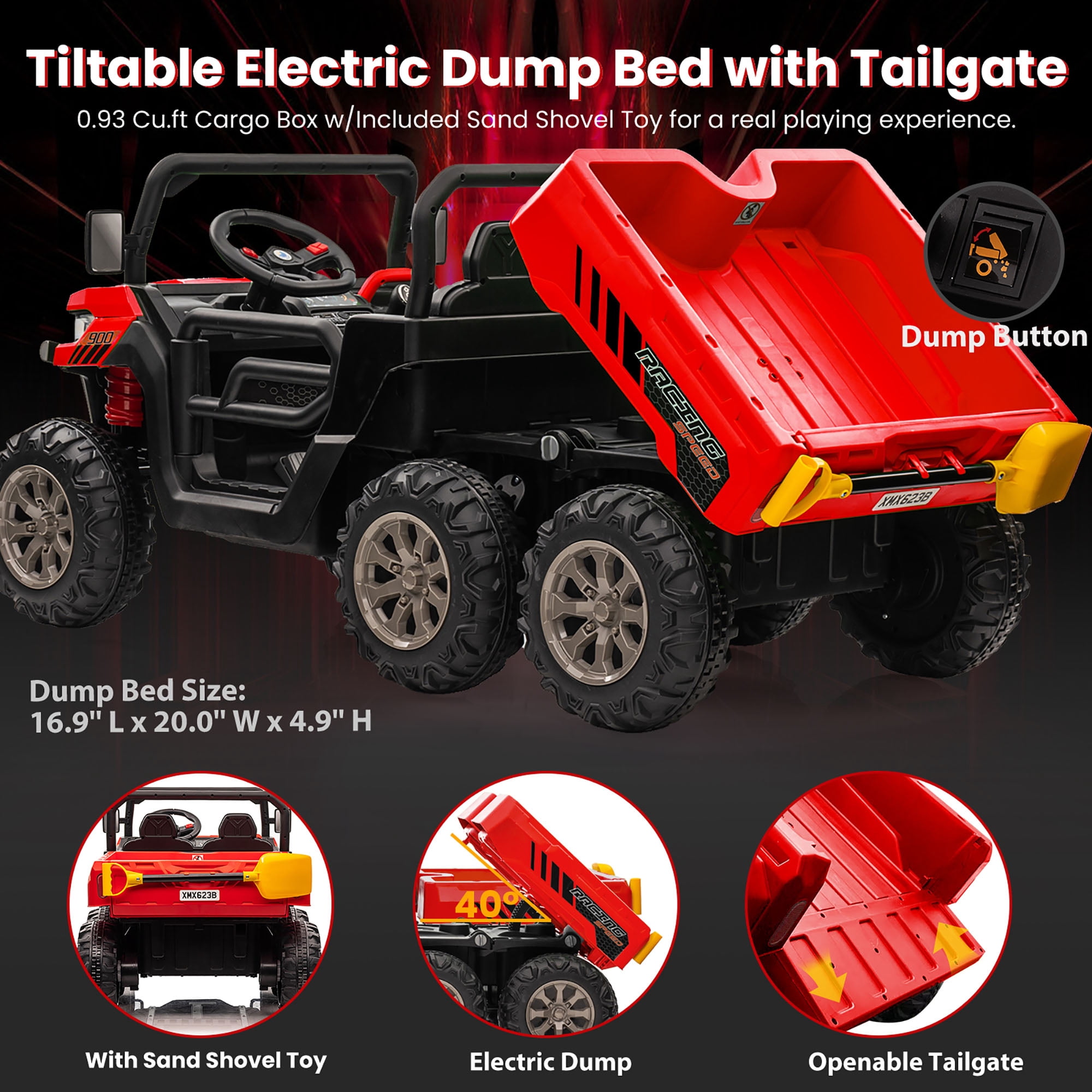 Joyracer 4x4 24V Ride on Dump Truck with Remote Control, Electric Powered 6-Wheel UTV Car, 2 Seater Kids Ride on Toys w/ Tipping Bucket Trailer, Shovel, Spring Suspension, Bluetooth Music, Red