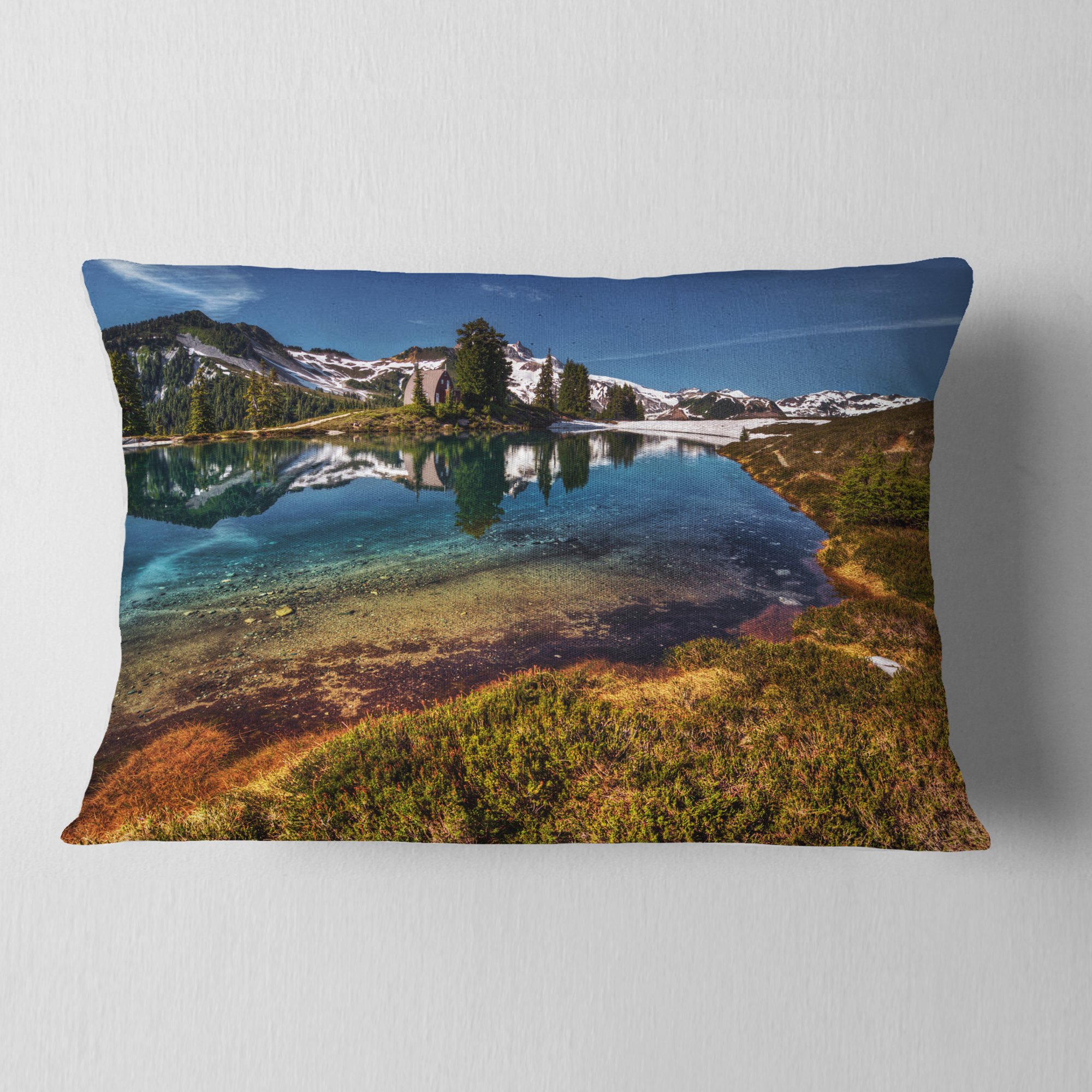 Designart Curving Mountain Lake Shore - Landscape Printed Throw Pillow - 12x20