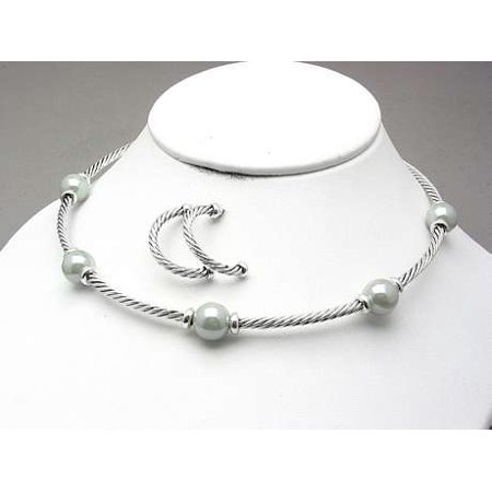 Silver-Tone and Simulated Gray Pearl Cable Wire Adjustable Choker Collar Neckwire Necklace and J-Hoop Earrings Set