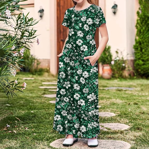 DAETIROS Girls Floral Maxi Dress Summer Casual Long Dress with Pockets Comfy Short Sleeve Green A-Line Flowy Kids Girls 4-14,Size 7 T