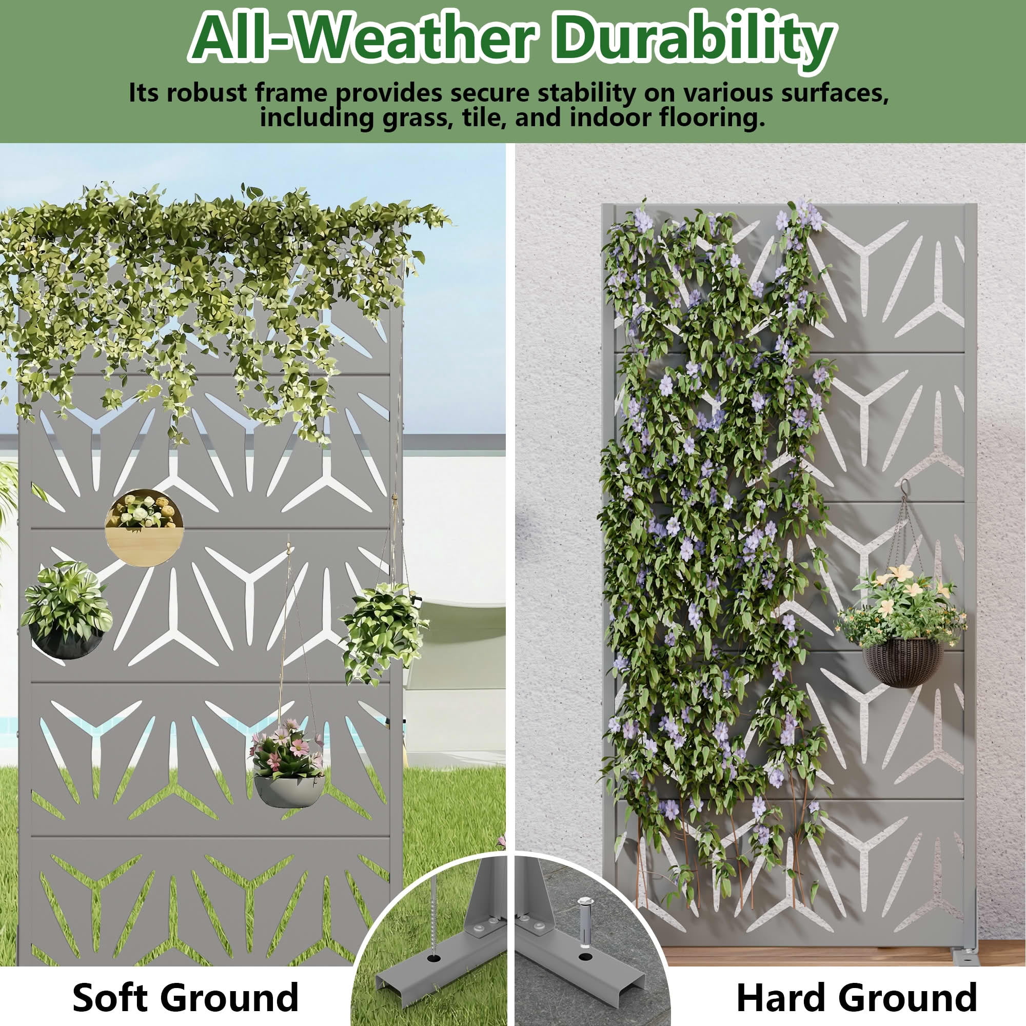 MAYEERTY Outdoor Metal Privacy Screen 5ft Gray, 5-Panel Geometric Y-Pattern Decorative Screen for Garden
