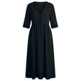 thumbnail image 4 of Ohufall Cotton Linen Dress for Women Hollow Out Pleated Dresses V Neck Half Sleeve Vacation Beach Maxi Dress, 4 of 8