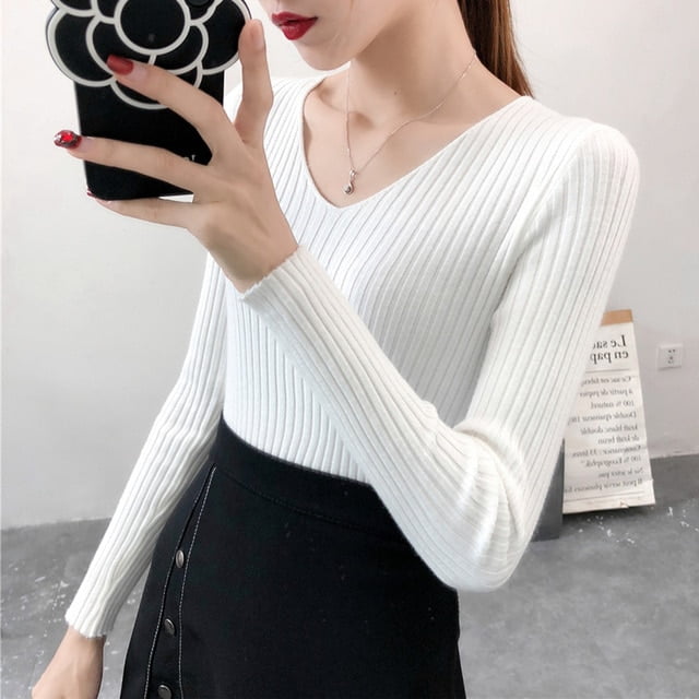 DanceeMangoo Korean Autumn V Neck Sweater Knitted Fashion Sweaters Slim Winter Tops For Women Jumper Pull Femme Truien Dames - Walmart.com