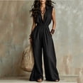 thumbnail image 5 of Costeam Womens Sleeveless Collared V Neck Full Length Jumpsuit Dual Side Slip Pockets Drawstring Cinched Elastic High Waist Lightweight Flowey Wide Leg One Piece Casual Outfit, 5 of 7