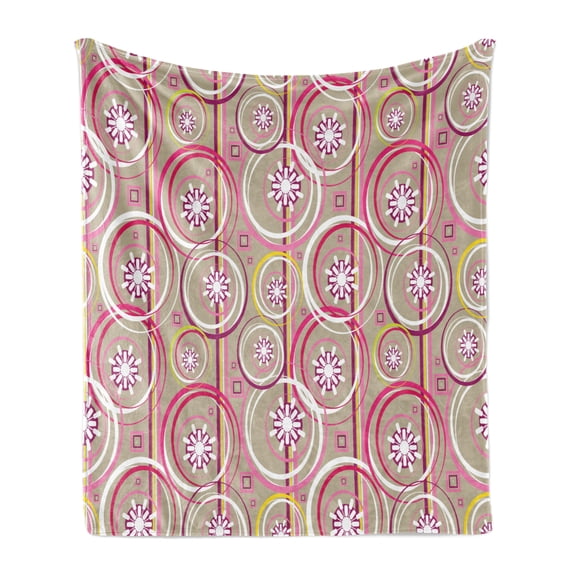 Floral Soft Flannel Fleece Throw Blanket, Modern Retro Mix Abstract with Sketchy Circles Creative Swirls Artwork, Cozy Plush for Indoor and Outdoor Use, 70" x 90", Tan Purple Hot Pink, by Ambesonne