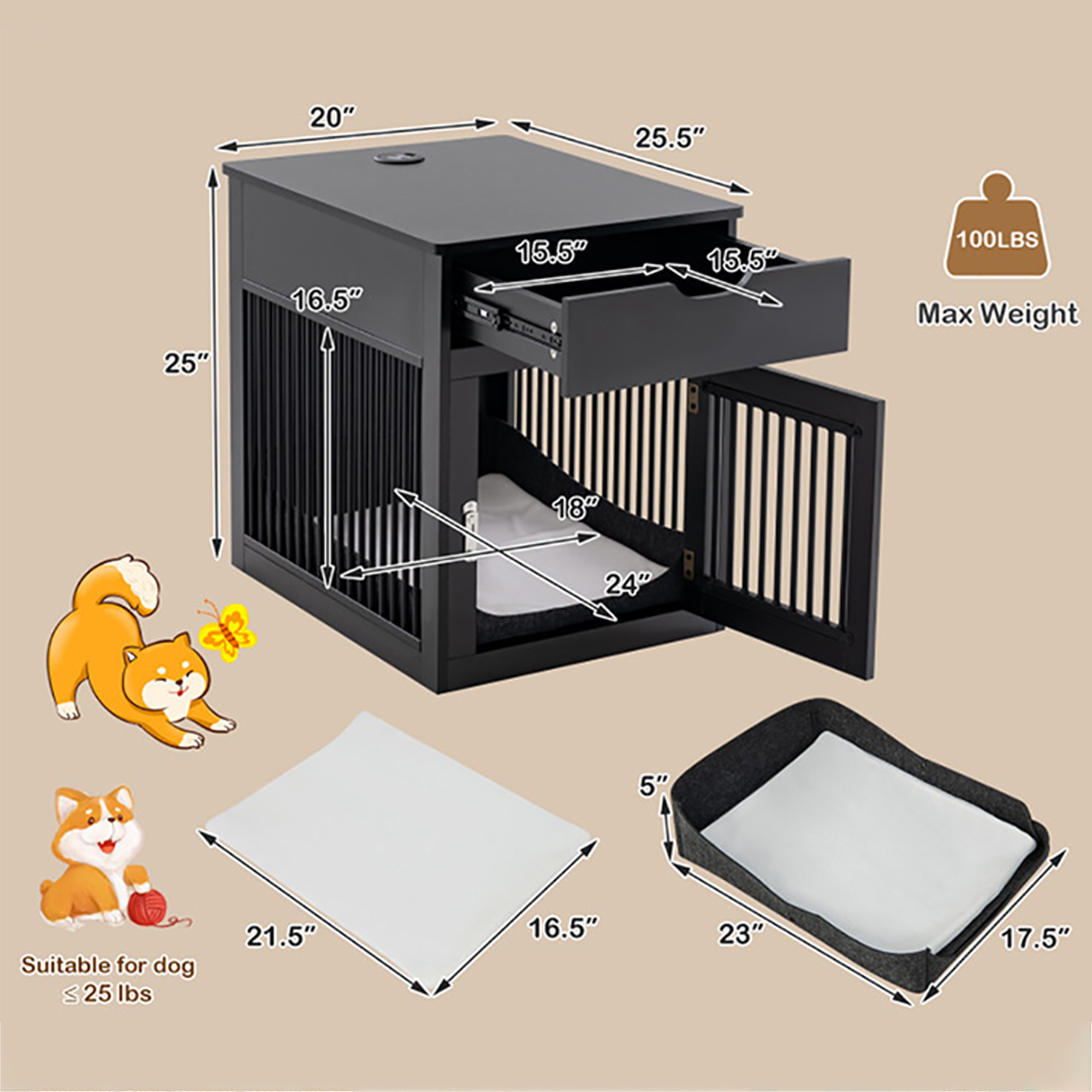 Kadyn 27" 2-In-1 Dog House with Drawer and Wired Wireless Charging, Indoor Dog Crates, Wooden Pet Dog Cages, Black