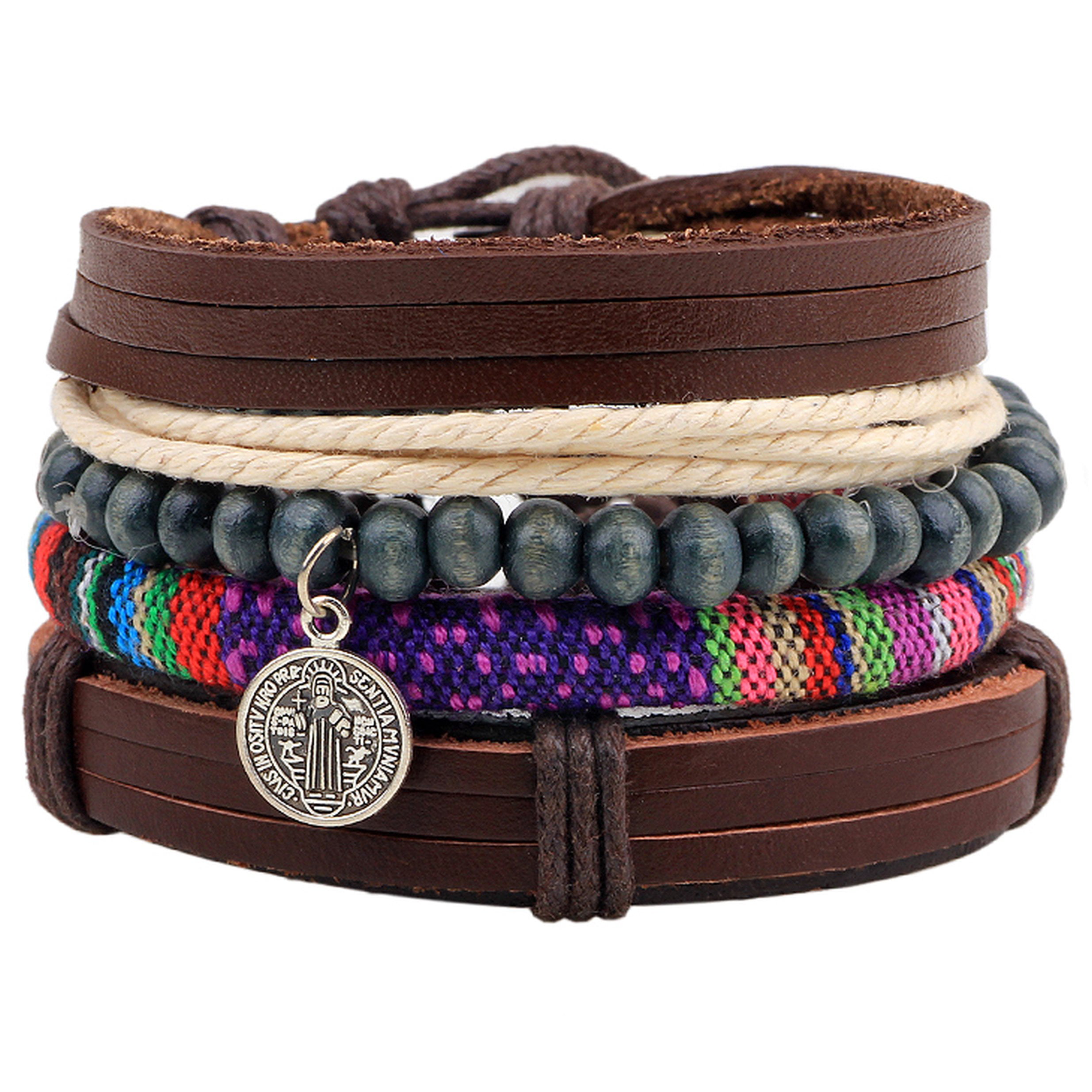 Men's Tribal Greek Bead Charms Leather Wristband Bracelet 