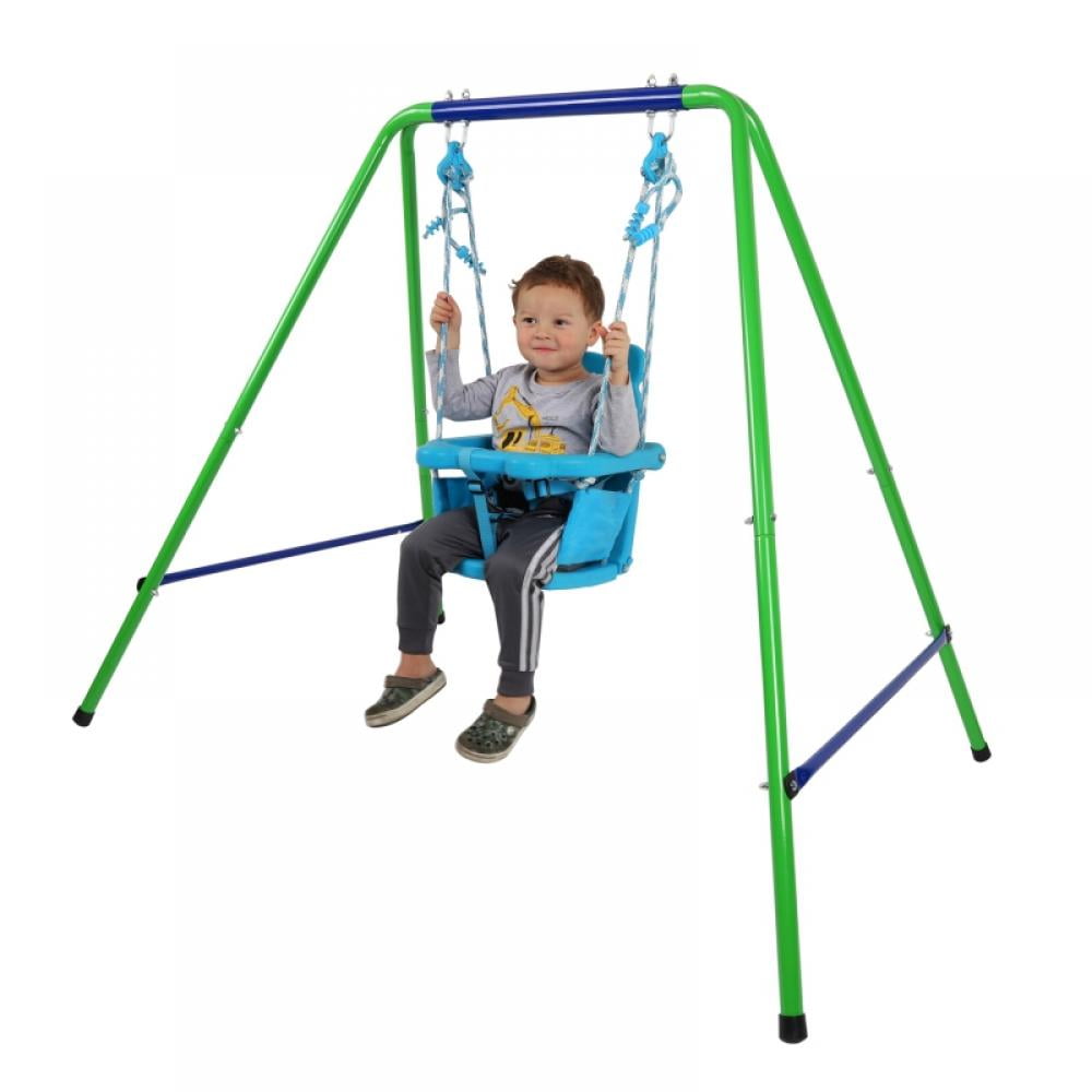 JJG Child Baby Toddler Indoor Outdoor Backyard Foldable Swing Set with Safety Seat Blue Color 