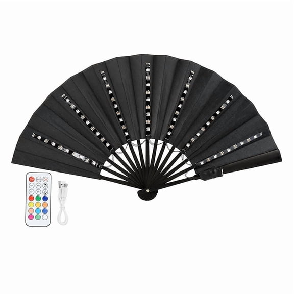 LED Glowing Colorful Chinese Hand Held Folding Fan with Remote Control Stage Performance Show Light Up Fan Black