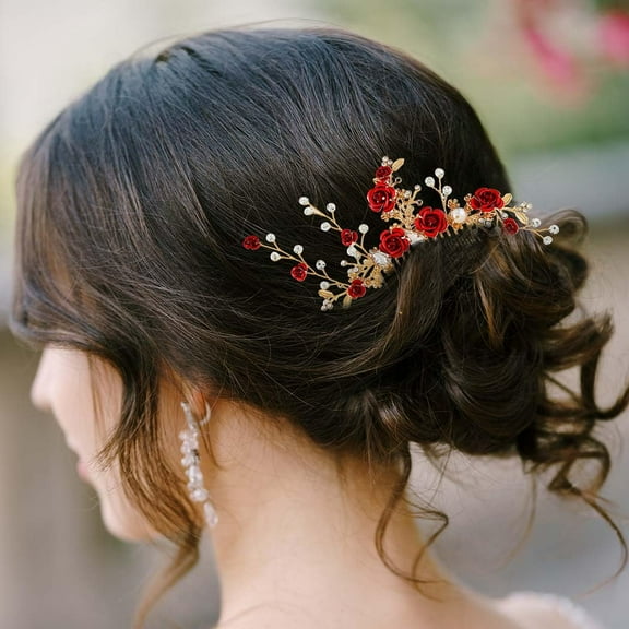 Crystal Flower Wedding Hair Comb Red Rose Headpiece Gold Hair Piece Bride Pearl Hair Accessories for Women