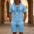 thumbnail image 2 of VBTAPA Men's Cotton Linen Outfits Short Sleeve Hooded Hippie Shirt and Cargo Shorts Casual Track Suit Sets Summer Beach Vacation Set Sky Blue XL, 2 of 8
