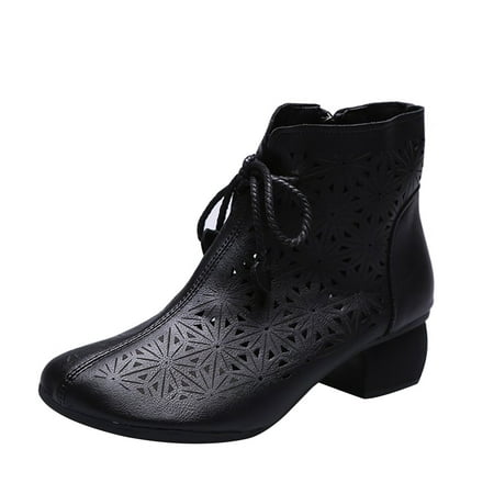 

Black Boots for Women Ladies Fashion Solid Color Leather Hollow Round Toe Side Zipper Chunky Heel Short Boots Ankle Boots for Women PU Black