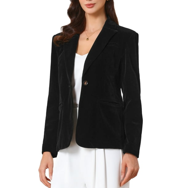 Blazer de terciopelo INSPIRE CHIC para mujeres, de manga larga, con solapa de muesca, botón, estilo vintage, blazers de trabajo para oficina con bolsillos, talla L, color negro