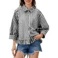 thumbnail image 3 of Women 3/4 Length Sleeve Striped Button Down Shirt Loose Fit Drop Shoulder Trendy Ruffle Hem Striped Blouses Top, 3 of 6