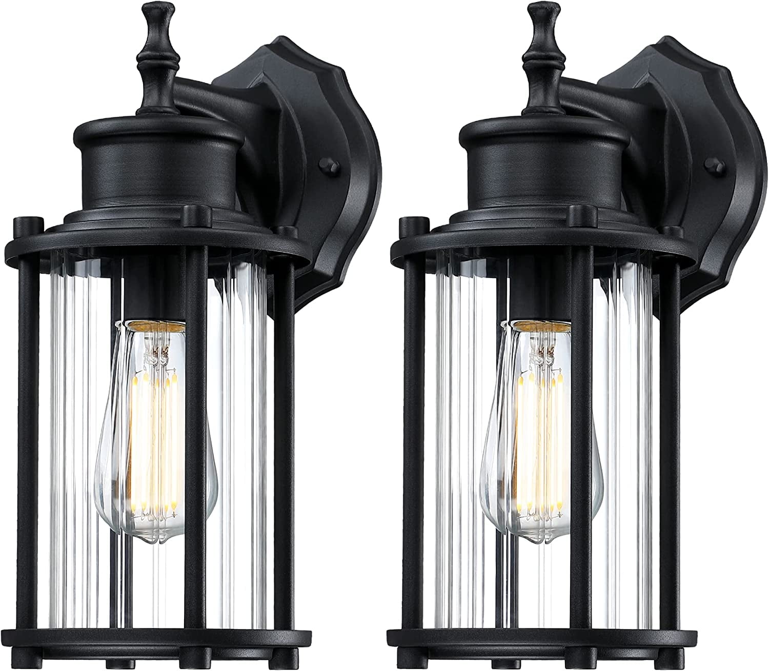 2-Pack Black Outdoor Wall Mounted Lights with Ribbed Glass, E26 Socket ...