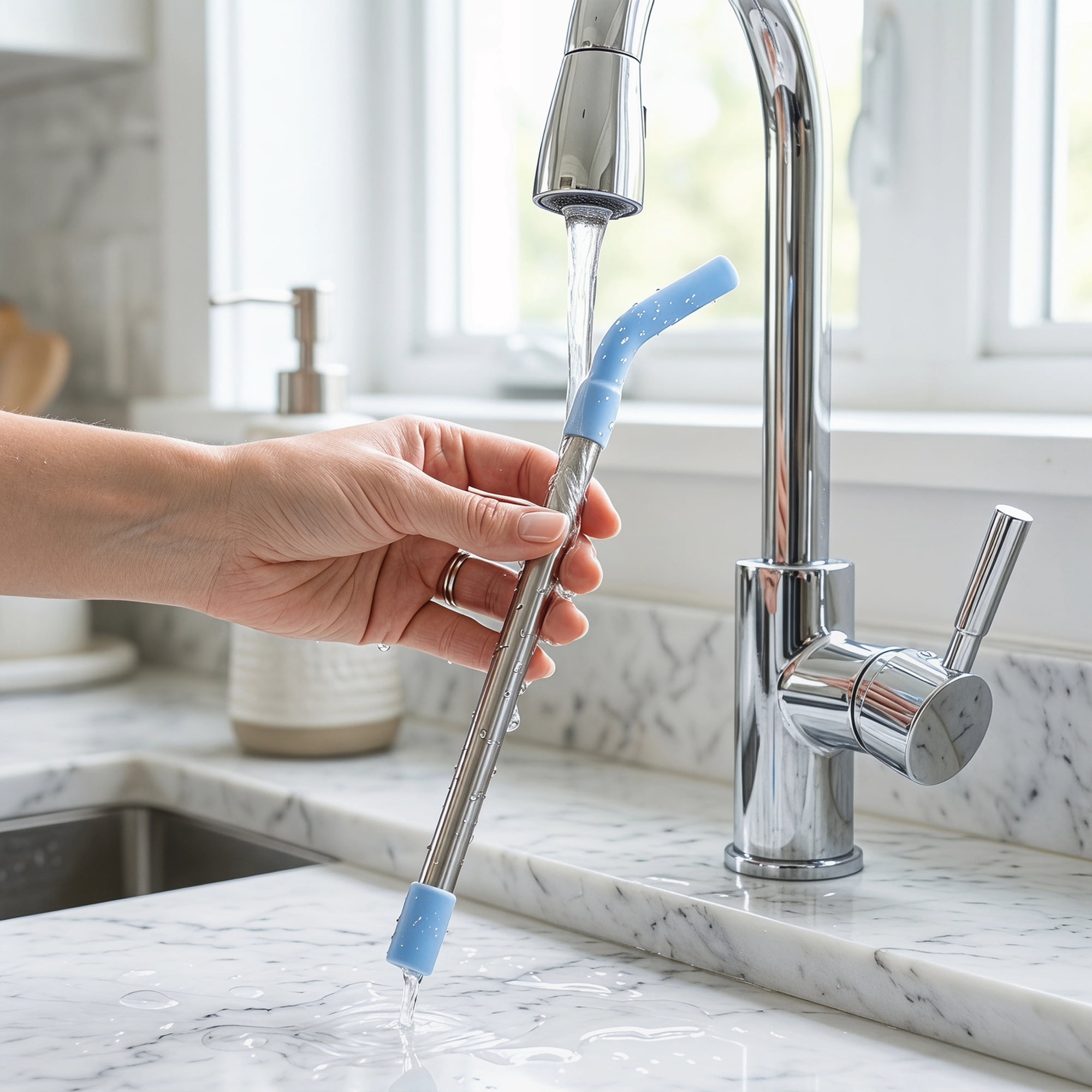 Unique Bargains 8Pcs Stainless Steel Silicone Dishwasher Safe Straws Light Blue