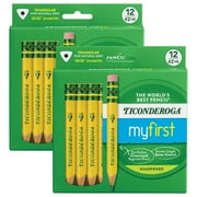 Ticonderoga My First Short Wooden Pencils, Large Triangle Barrel, Sharpened, #2 HB Soft, With Eraser, Yellow, 12 Per Pack, 2 Packs