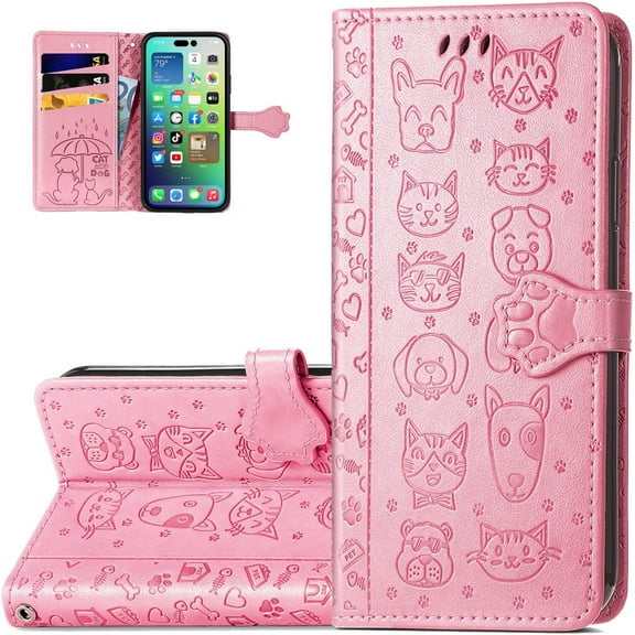 Wallet Phone Case for iPhone 14 Pro,Cute Cartoon Cat Dog Pattern PU Leather Case with Magnetic Clasp and Cash Card Slots Holder Cover for iPhone 14 Pro (6.1),CD Pink