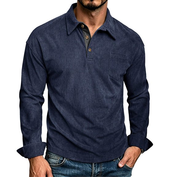 Lmueinov Mens 3 Button Collared Corduroy Long Sleeve Shirts Solid Chest Pocket Casual Business Tops Fall Winter Office Workout Golf Everyday Wear