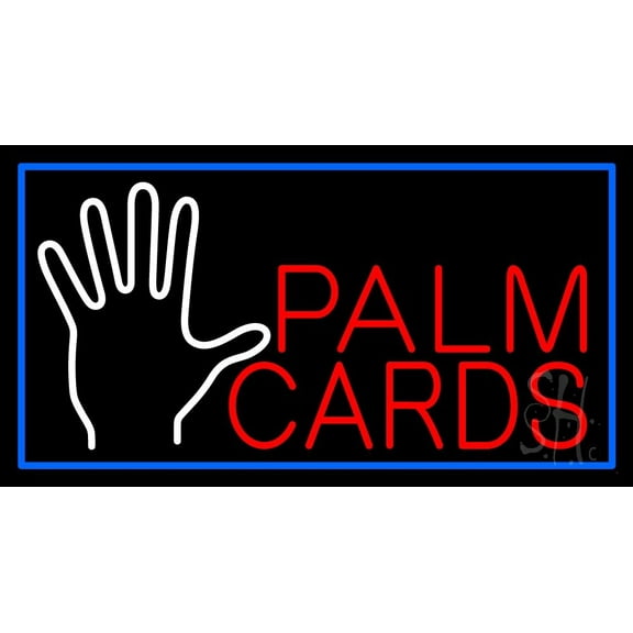 Red Palm Cards Blue Border LED Neon Sign 20" Tall x 37" Wide - inches Black Square Cut Acrylic Backing, with Dimmer - Bright and Premium built indoor LED Neon Sign for Storefront.