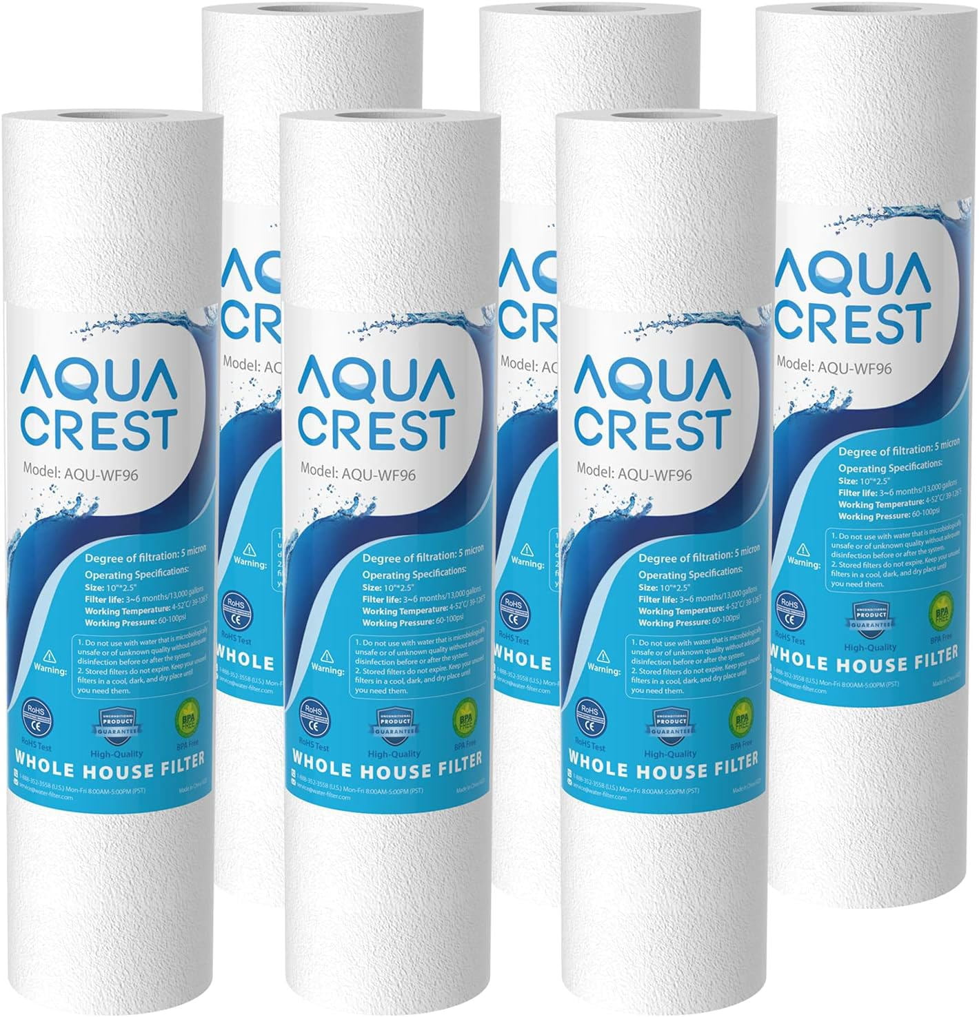 AQUA CREST AP110 Whole House Water Filter, Sediment Filter, 5 Micron, Any 10" x 2.5" Home Water Filter, Pack of 6