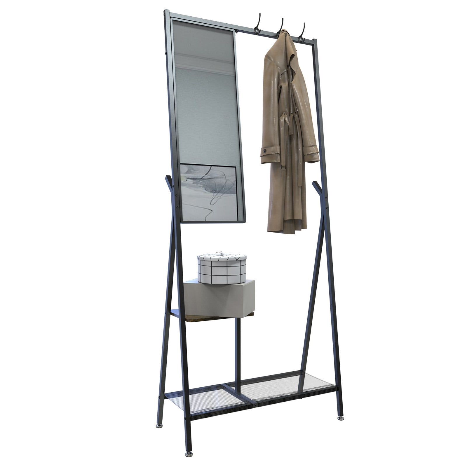 Industrial Coat Rack with Mirror, Multifunctional Wall Mounted Hall Tree with Shoe Storage & Hooks, Space-Saving Entryway Organizer for Living Room Bedroom Hallway, Rustic Brown & Black
