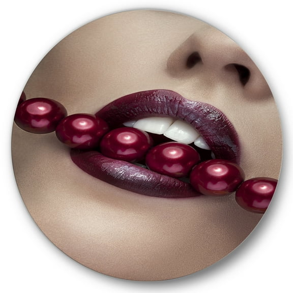 Designart 'Girl Bitting With Red Lips With Red Pearls' Modern Circle Metal Wall Art 36x36 - Disc of 36