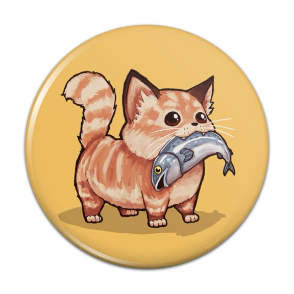 Kawaii Cute Cat with Fish in Mouth Pinback Button Pin