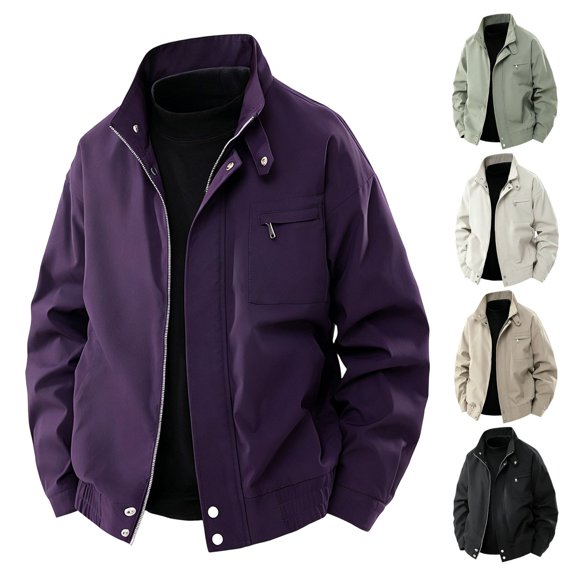 Jackets for Men Casual Loose Stand Collar Waterproof Jacket with Pockets Side Hand Hoodless Outwear Fashion Stylish Lightweight Windbreaker