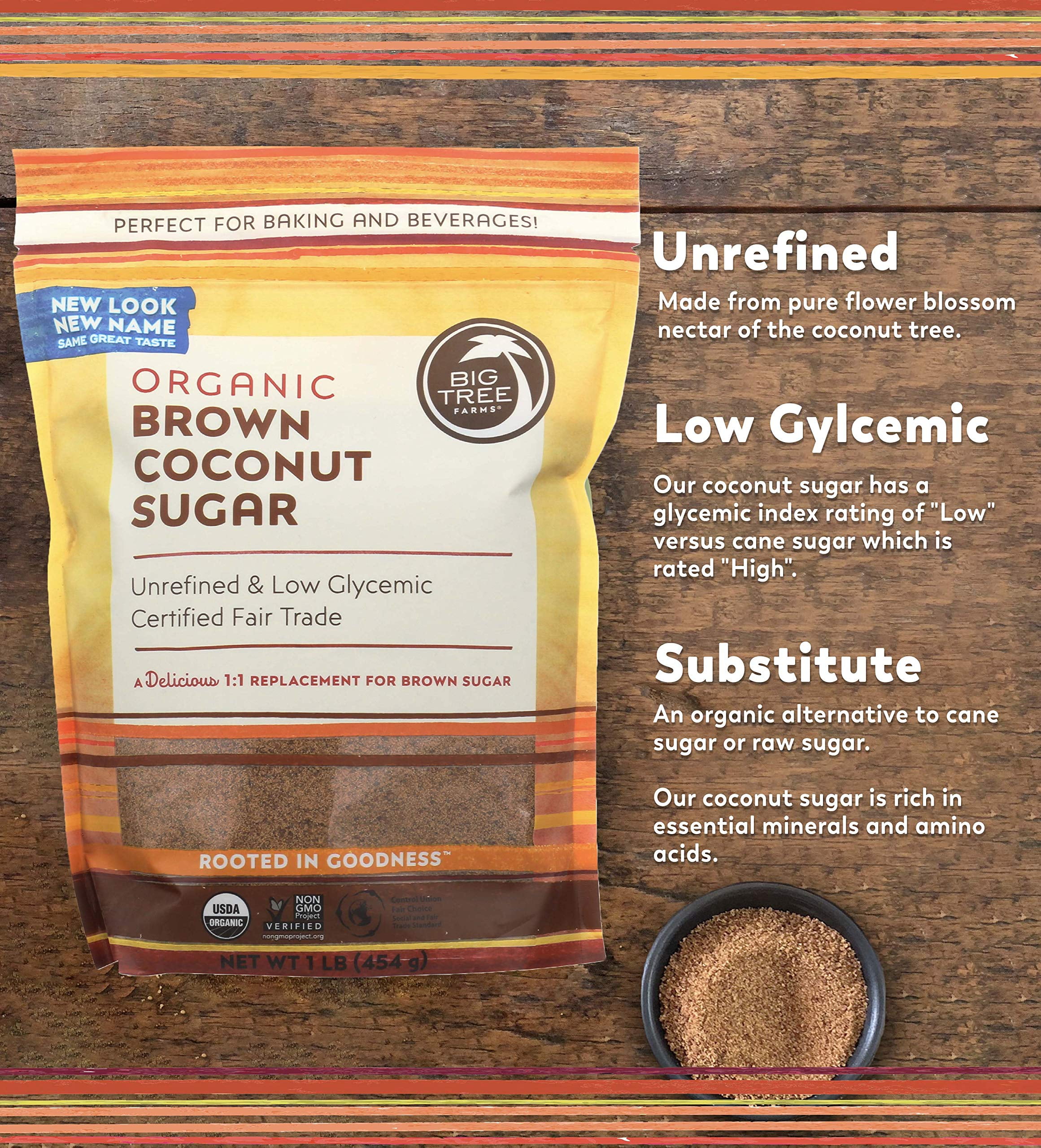 Big Tree Farms Organic Brown Coconut Sugar, Vegan, Gluten Free, Paleo, Certified Kosher, Cane Sugar Alternative, Substitute for Baking, Non GMO, Low Glycemic, Fair Trade, 1 Pound (Pack of 6)