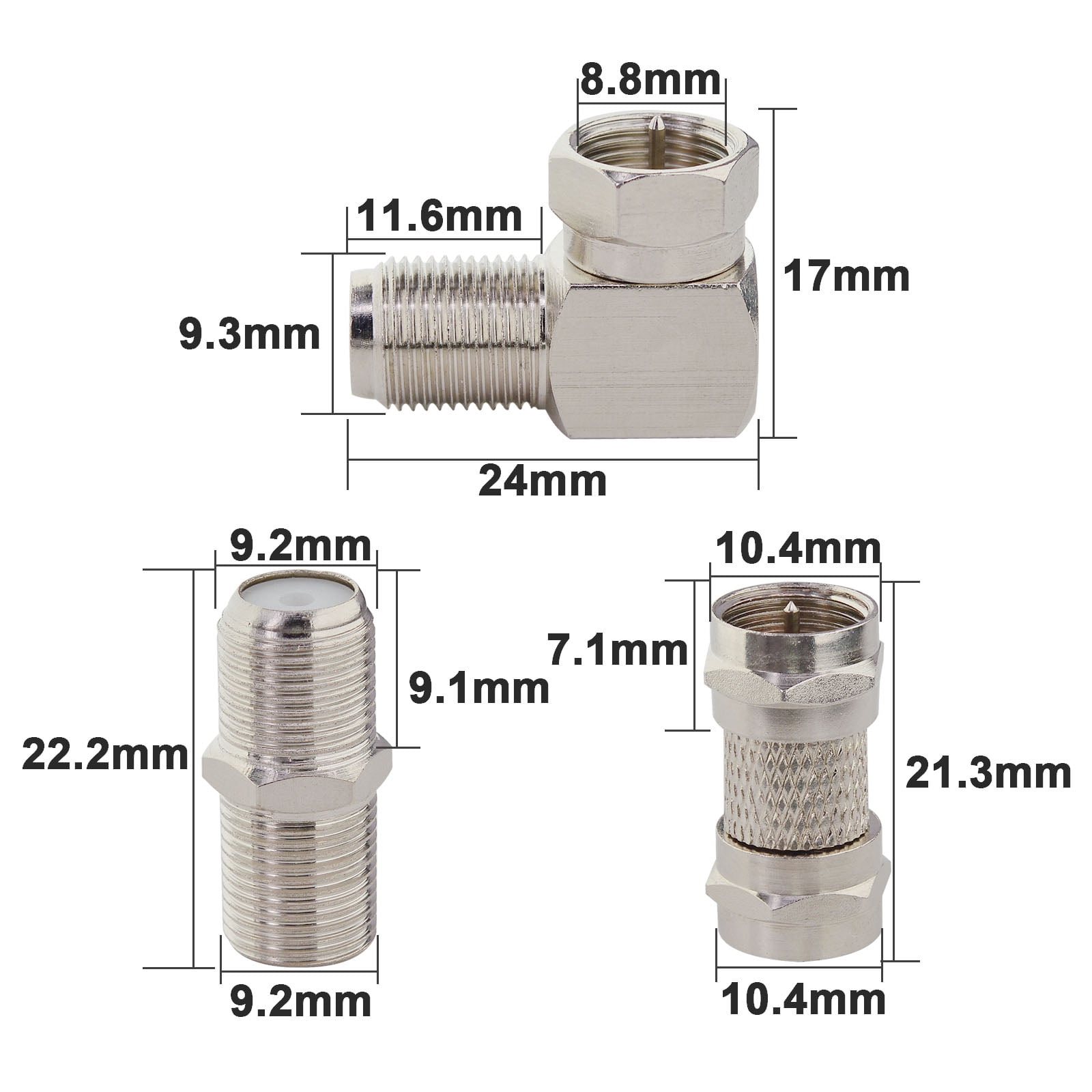 F Type RG6 Coaxial TV Adapter Kit (6-Pack) F Male Female Adpater Set F Male/Female to Male/Female Straight and 90 Degree RF Coax Connector for TV, Satellite Receiver