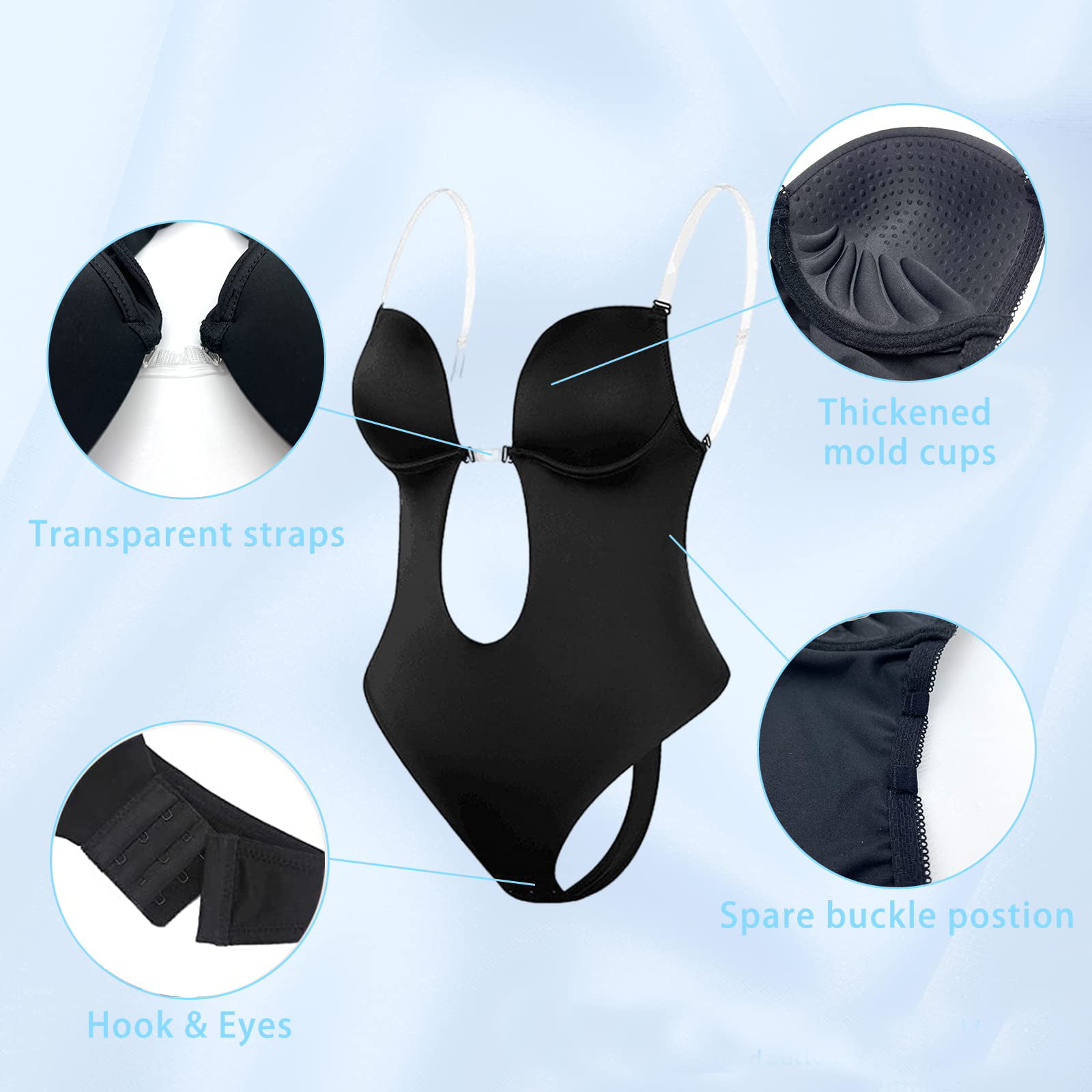 Deago Women's Backless Shapewear Deep V Bodysuit U Plunge Seamless Thong Low  Back Body Shaper Bra (Black, L) 