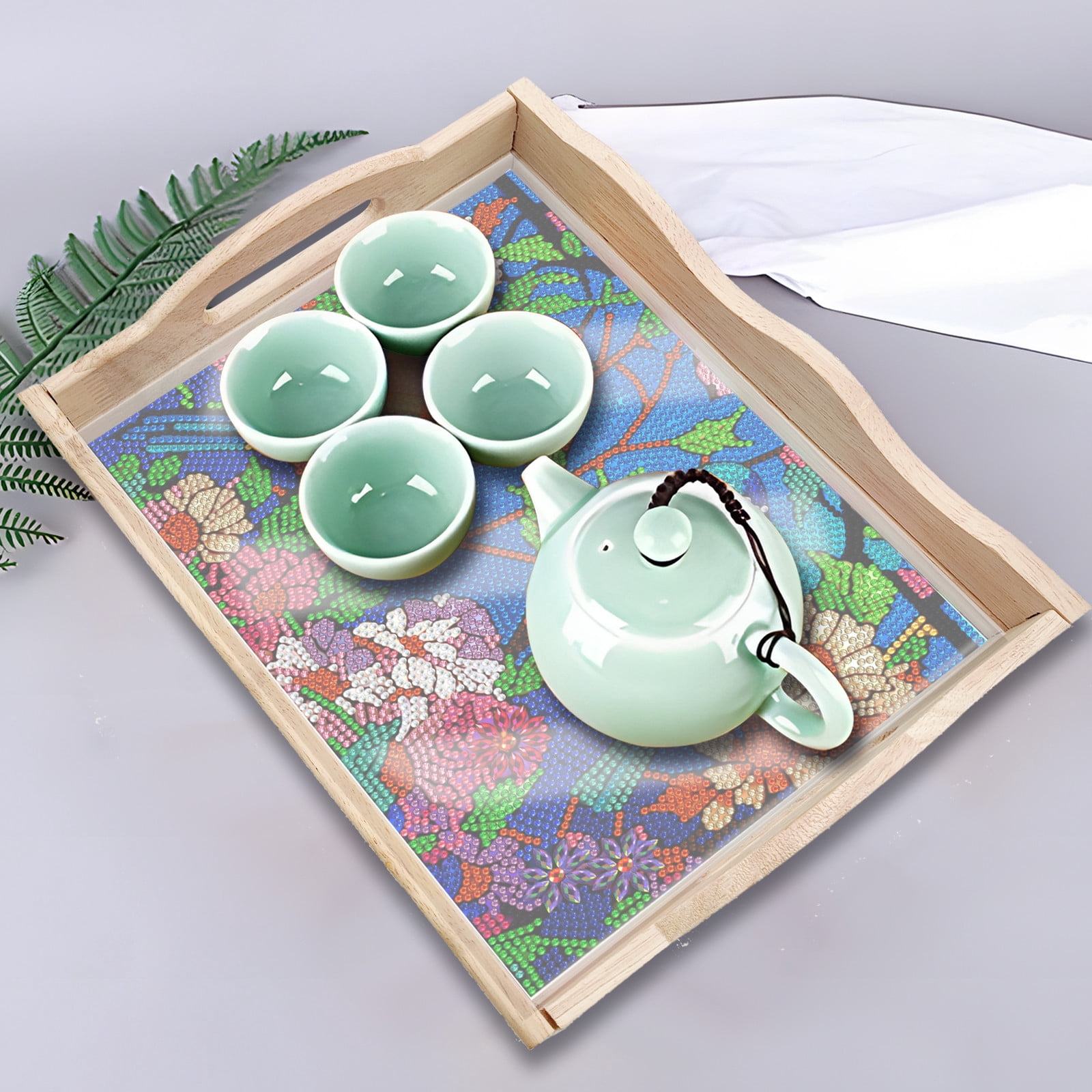 FLOPESN DIY Diamond Art Painting Tray,Handmade Wooden Tray Mosaic by Number Kits Diamond Art for Coffee Living Room Home Organizer-Birds singing and flowers fragrant