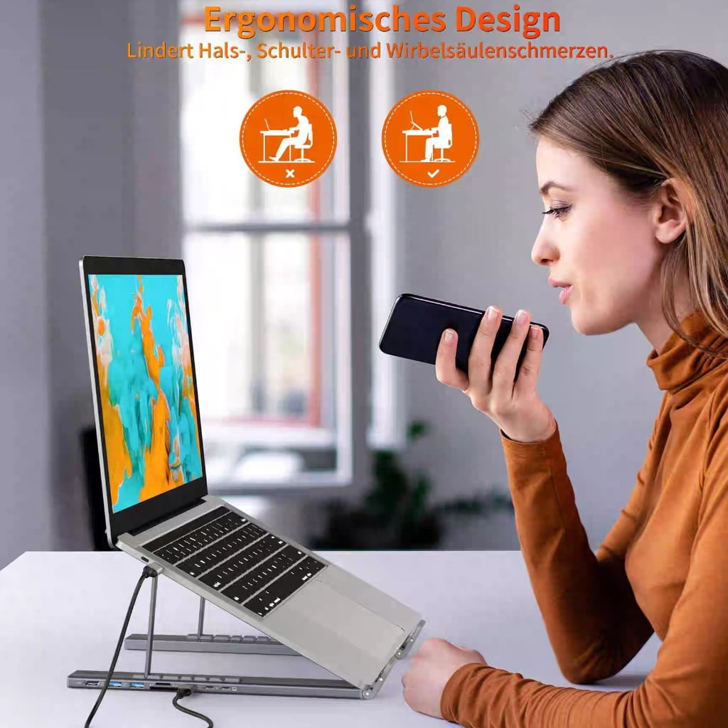 Aluminum Alloy 7 Port Foldable Notebook Stand with Docking Function Height Adjustment No External Power for Stability