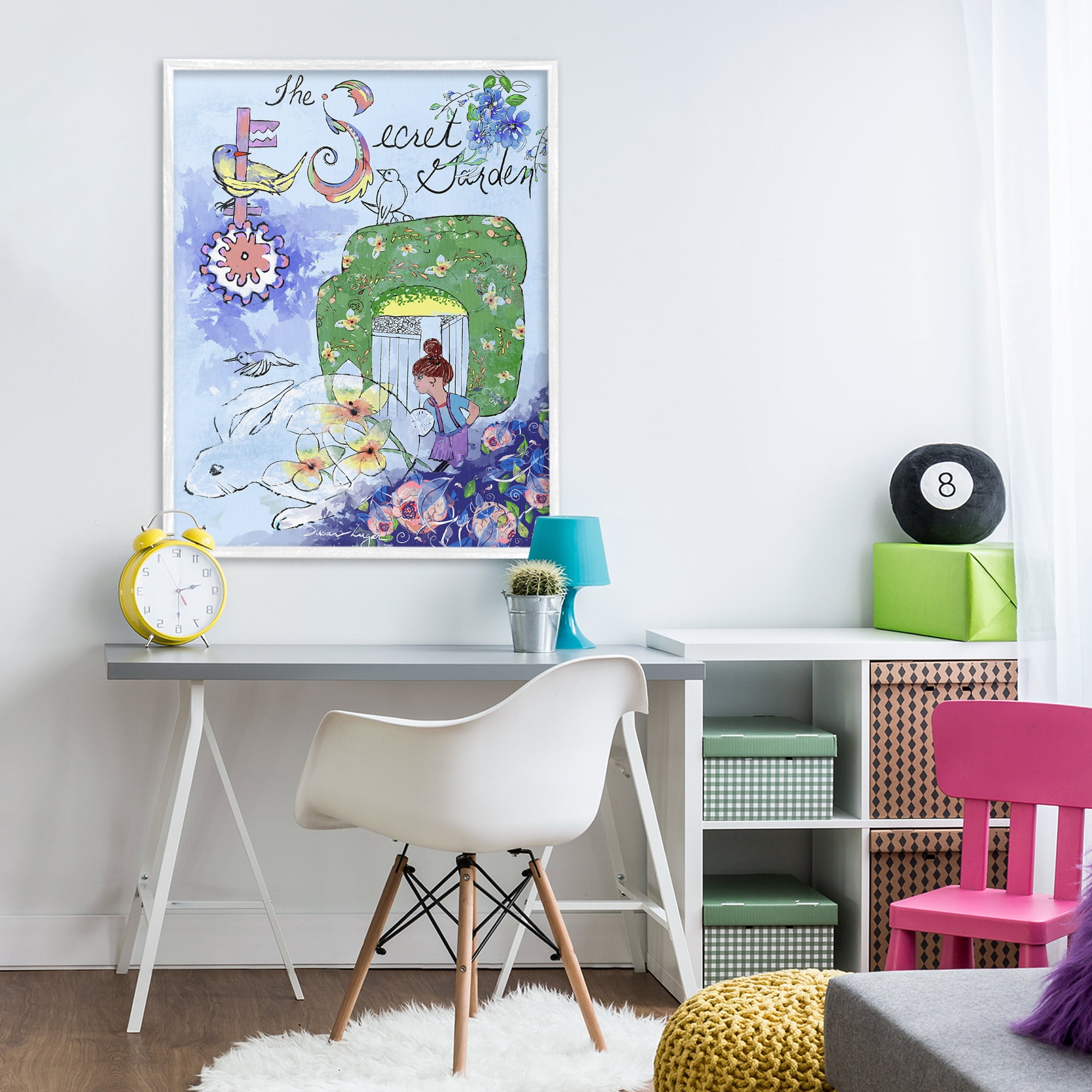 Stupell Industries Secret Garden Folk Illustration White Framed Giclee Art, design by Susan Lugar