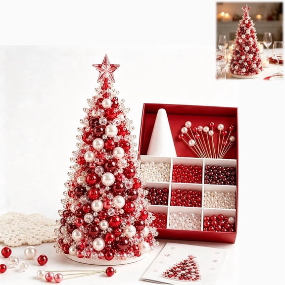 AAYMIA Beaded Christmas Tree DIY Kit, Sparkling Crystal Pearl Cone Craft Set for Handmade Holiday Decor, Mini Beaded Christmas Tree Centerpiece Gift
