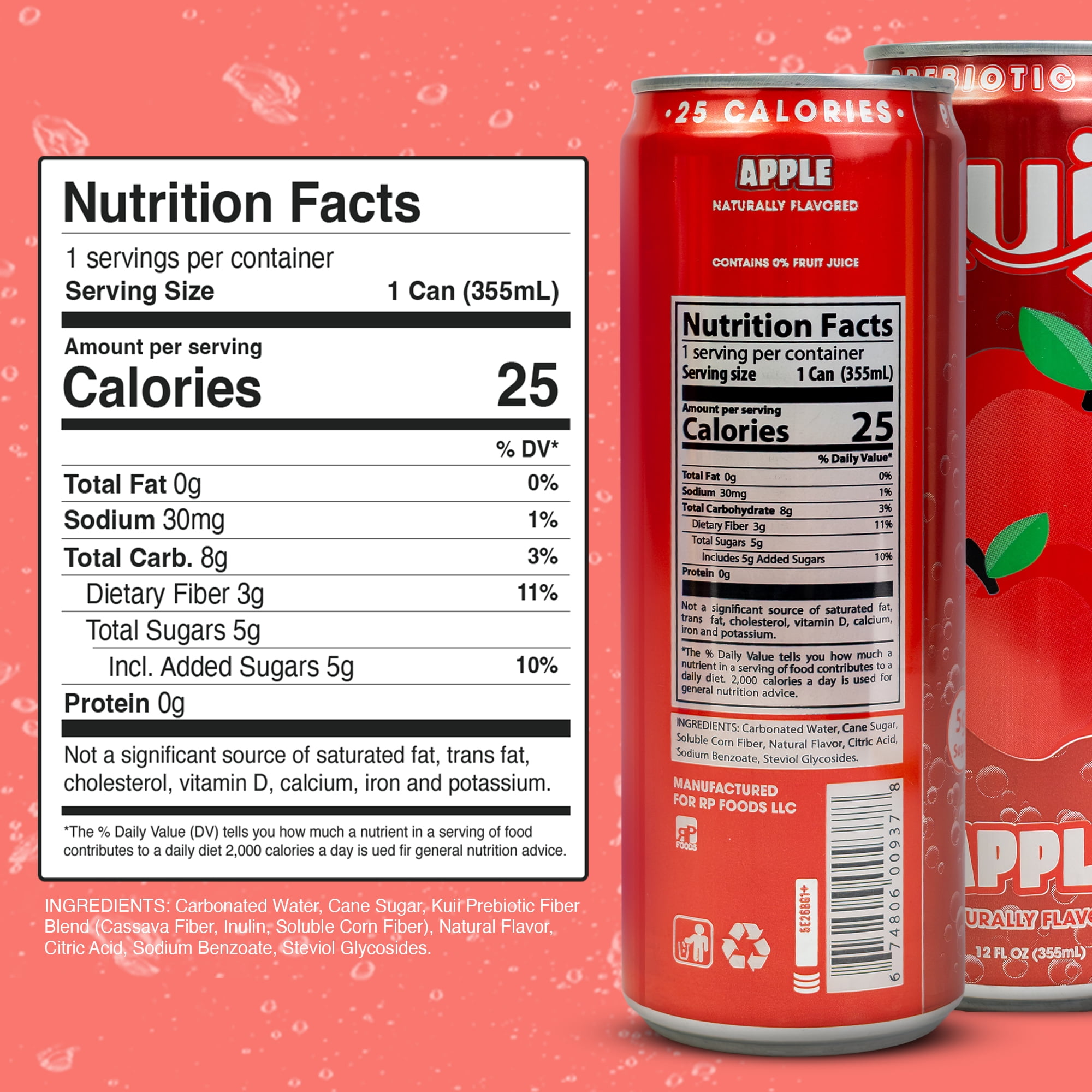 (12 pack) Kuii Prebiotic Soda, 12 fl oz, Single Aluminum Can, Apple