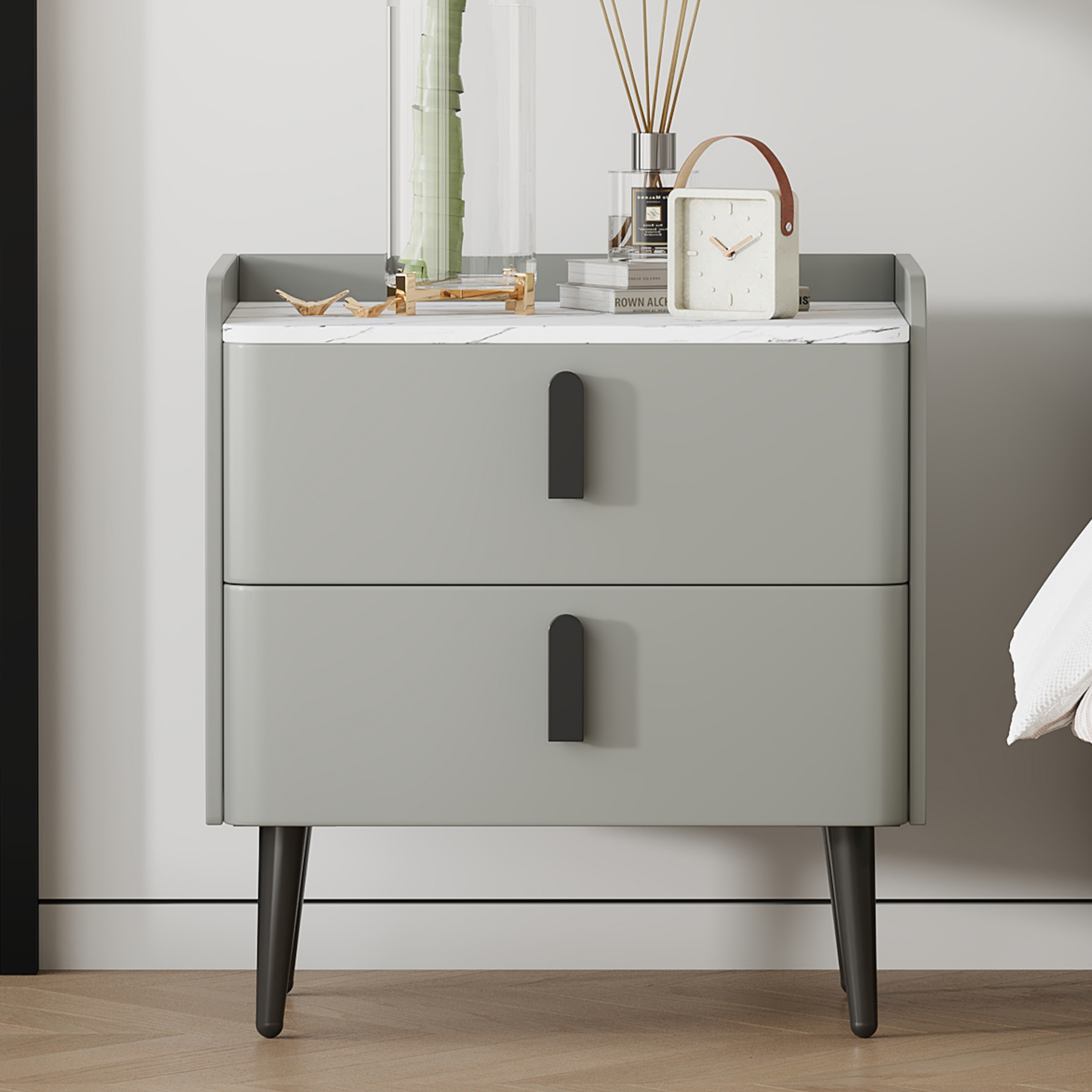 Euroco PU Leather Nightstand with 2 Drawers,Modern Bedside Table End Table for Bedroom, Living Room,Gray