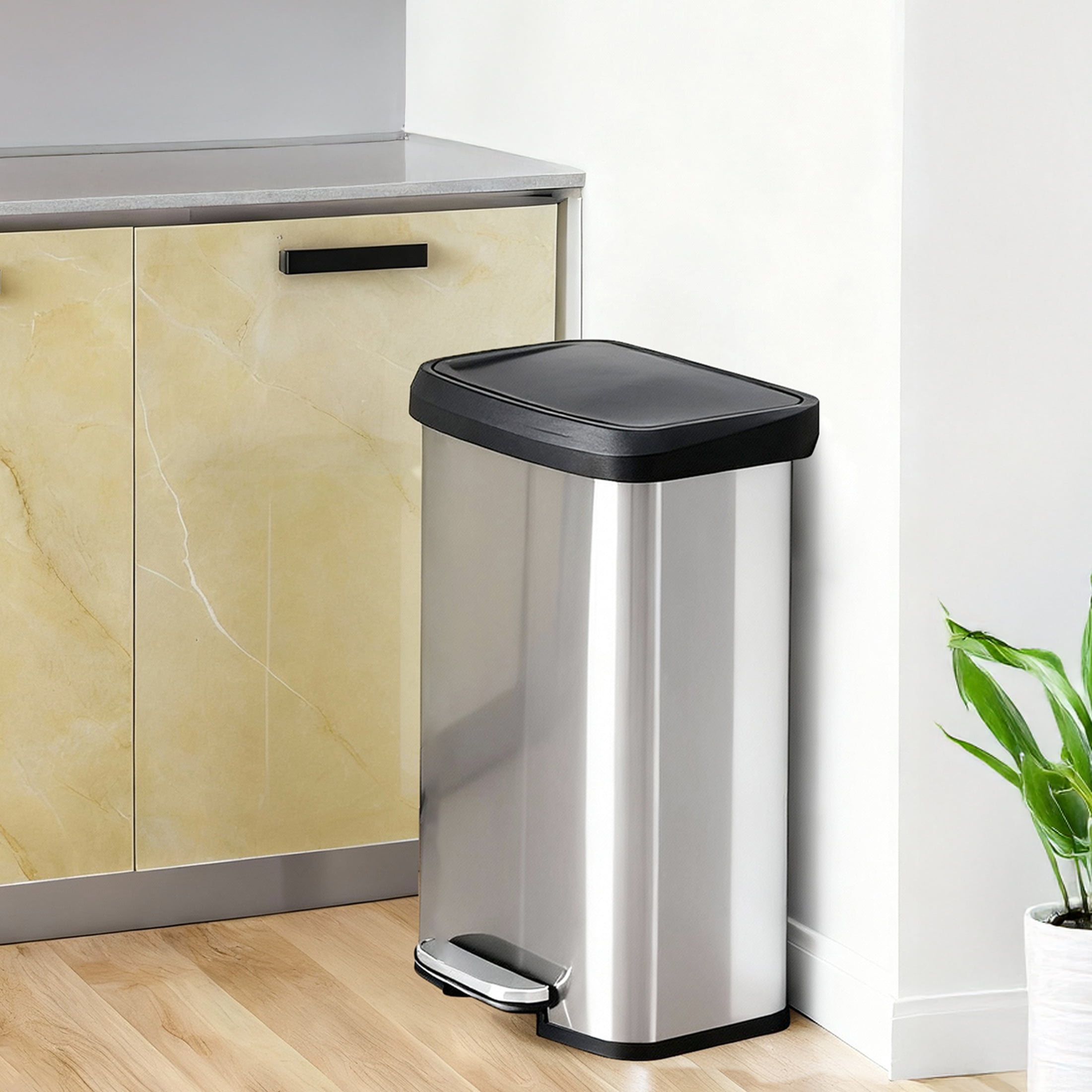 EDX 21.13 Gallon Lidded Recycling Bin, Pedal-Operated Trash Can, Stainless Steel, Silver